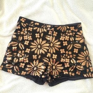 Dressy Shorts, Black & Rose Gold Sequin Flower Detail